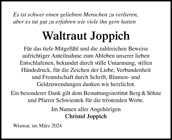 Traueranzeige von Waltraut Joppich von Ostsee-Zeitung GmbH