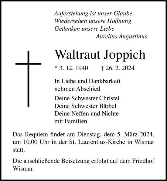 Traueranzeige von Waltraut Joppich von Ostsee-Zeitung GmbH