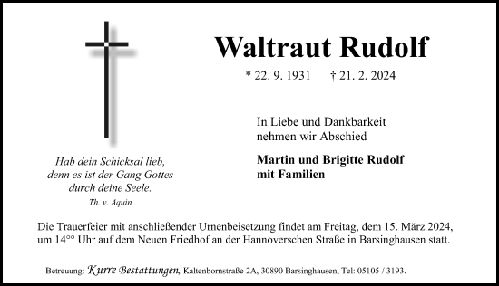 Traueranzeige von Waltraut Rudolf von Hannoversche Allgemeine Zeitung/Neue Presse