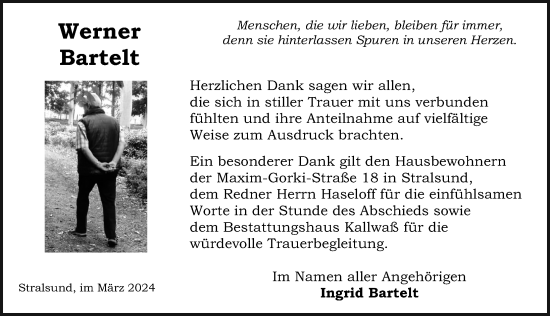 Traueranzeige von Werner Bartelt von Ostsee-Zeitung GmbH