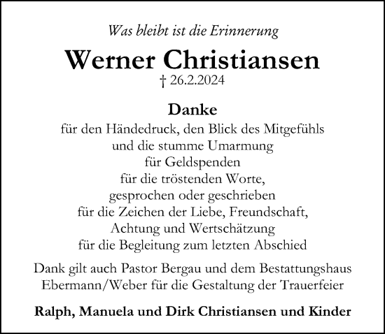 Traueranzeige von Werner Christiansen von Peiner Allgemeine Zeitung