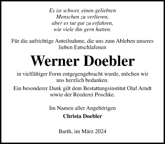 Traueranzeige von Werner Doebler von Ostsee-Zeitung GmbH
