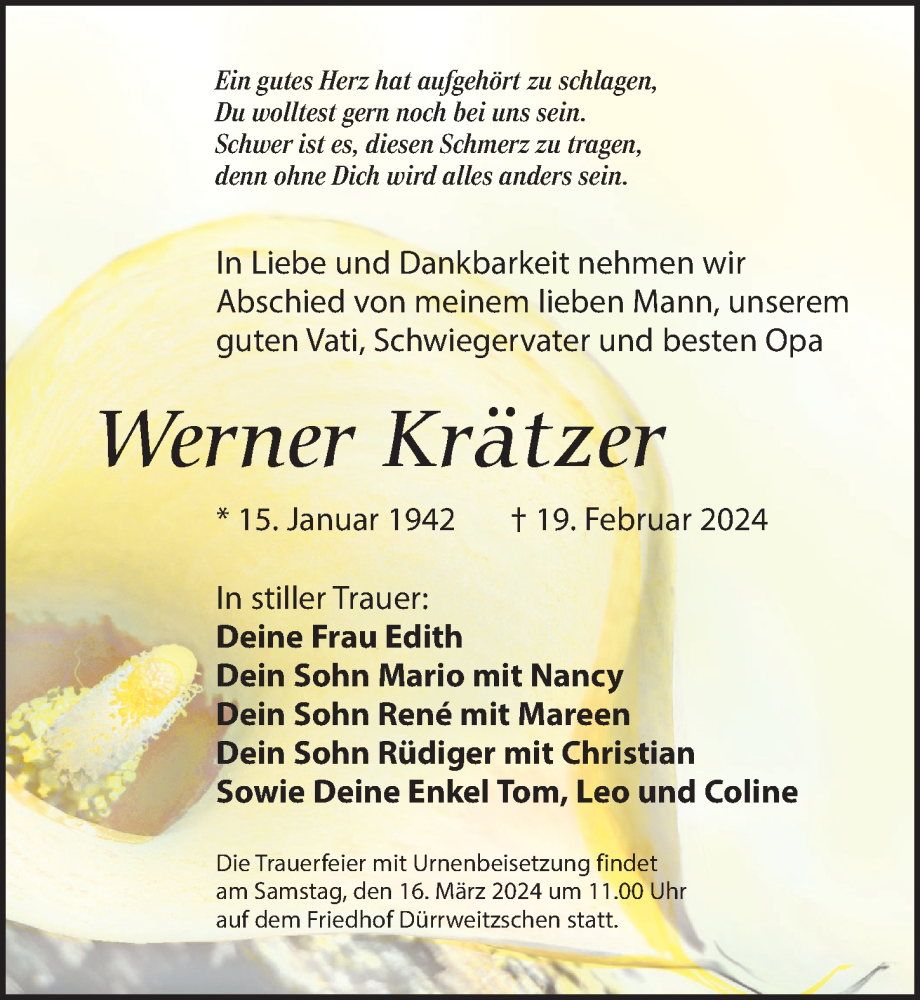  Traueranzeige für Werner Krätzer vom 09.03.2024 aus Leipziger Volkszeitung