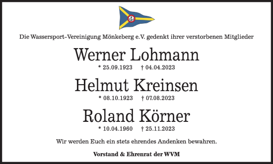 Traueranzeige von Werner Lohmann von Kieler Nachrichten