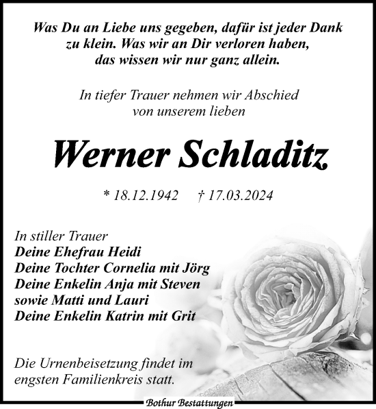 Traueranzeige von Werner Schladitz von Leipziger Volkszeitung