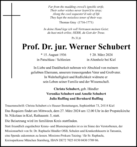 Traueranzeige von Werner Schubert von Kieler Nachrichten