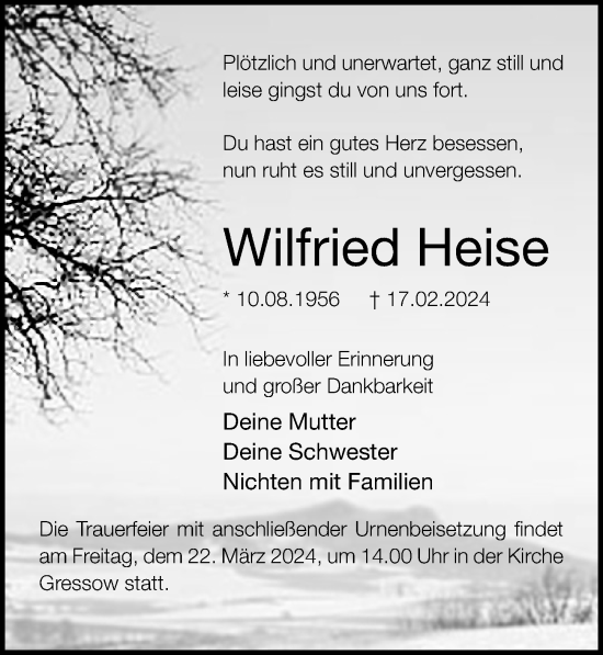 Traueranzeige von Wilfried Heise von Ostsee-Zeitung GmbH