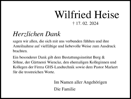 Traueranzeige von Wilfried Heise von Ostsee-Zeitung GmbH