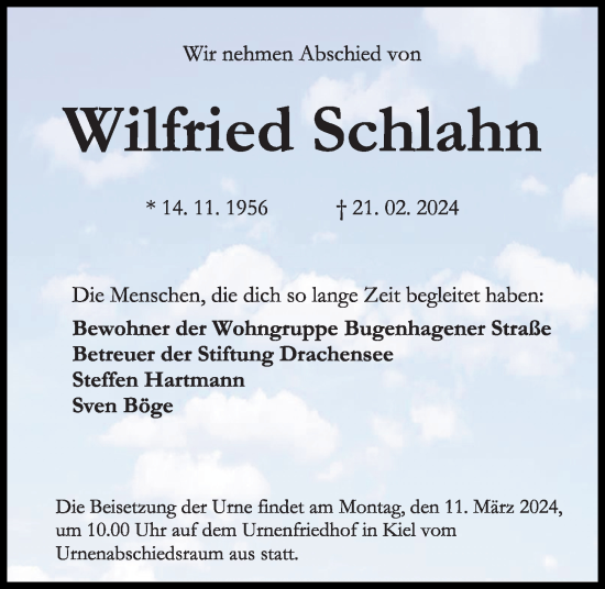 Traueranzeige von Wilfried Schlahn von Kieler Nachrichten