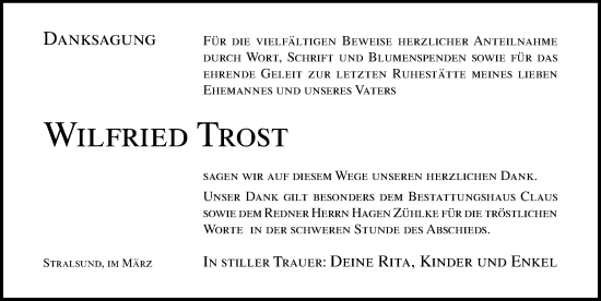 Traueranzeige von Wilfried Trost von Ostsee-Zeitung GmbH