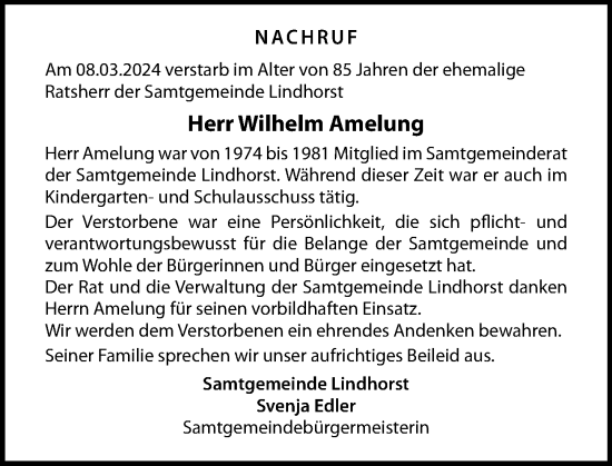 Traueranzeige von Wilhelm Amelung von Schaumburger Nachrichten