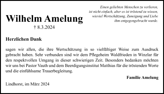 Traueranzeige von Wilhelm Amelung von Schaumburger Nachrichten