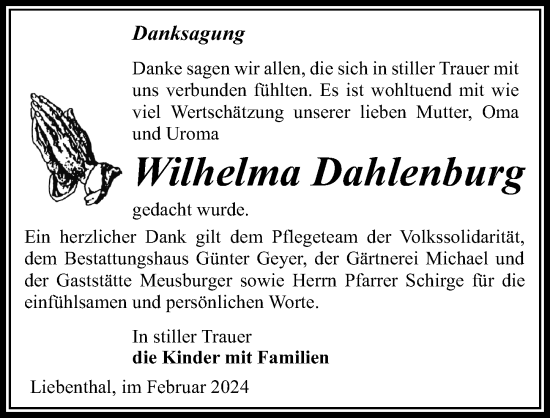 Traueranzeige von Wilhelma Dahlenburg von Wochenspiegel