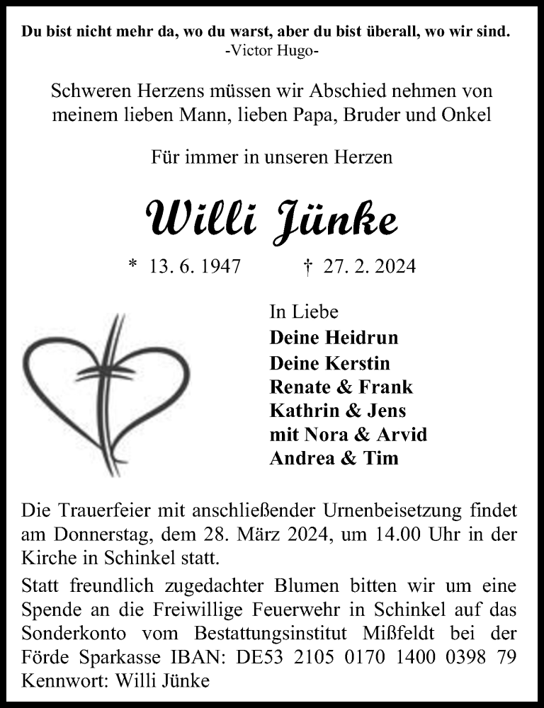  Traueranzeige für Willi Jünke vom 09.03.2024 aus Kieler Nachrichten