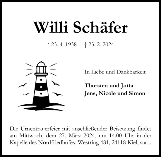 Traueranzeige von Willi Schäfer von Kieler Nachrichten