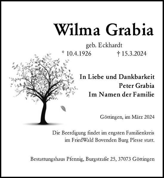 Traueranzeige von Wilma Grabia von Göttinger Tageblatt