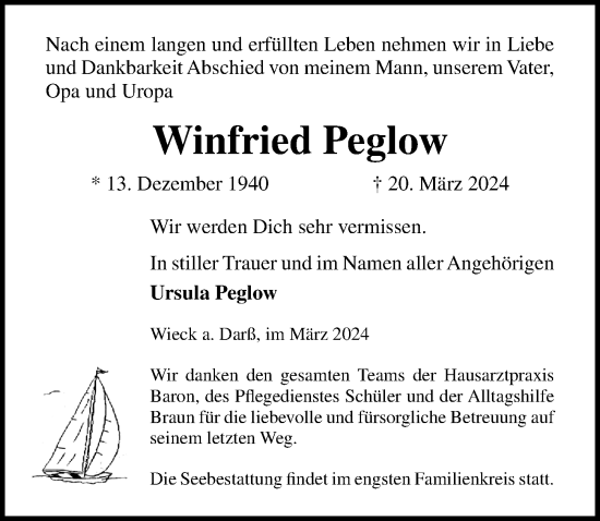 Traueranzeige von Winfried Peglow von Ostsee-Zeitung GmbH