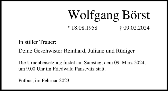 Traueranzeige von Wolfgang Börst von Ostsee-Zeitung GmbH