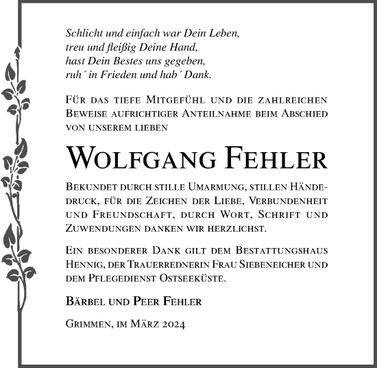 Traueranzeige von Wolfgang Fehler von Ostsee-Zeitung GmbH
