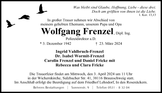 Traueranzeige von Wolfgang Frenzel von Hannoversche Allgemeine Zeitung/Neue Presse