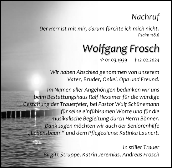 Traueranzeige von Wolfgang Frosch von Ostsee-Zeitung GmbH