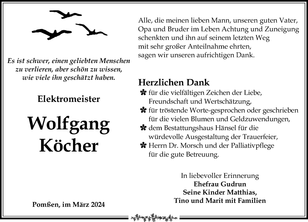  Traueranzeige für Wolfgang Köcher vom 30.03.2024 aus Leipziger Volkszeitung