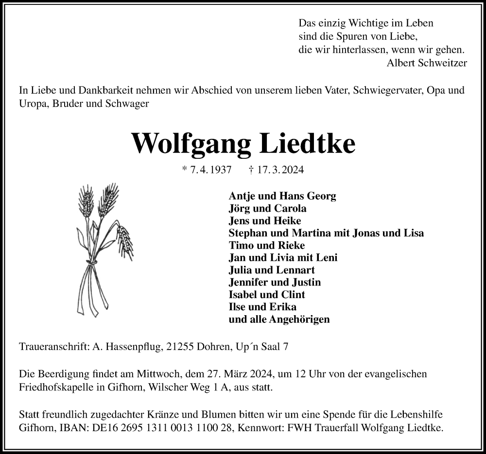  Traueranzeige für Wolfgang Liedtke vom 23.03.2024 aus Aller Zeitung