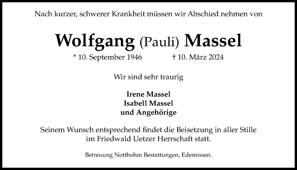  Traueranzeige für Wolfgang Massel vom 16.03.2024 aus Peiner Allgemeine Zeitung