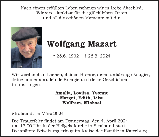 Traueranzeige von Wolfgang Mazart von Ostsee-Zeitung GmbH