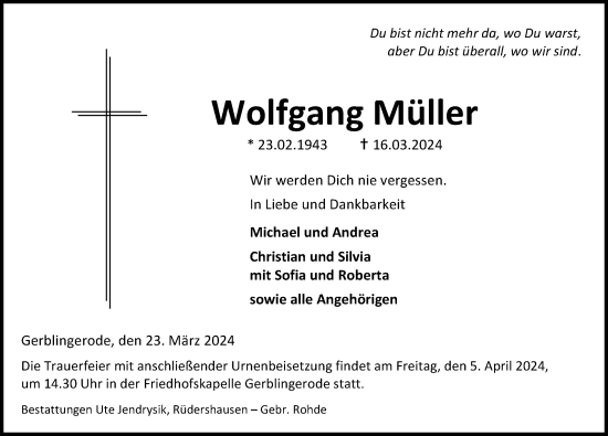 Traueranzeige von Wolfgang Müller von Eichsfelder Tageblatt