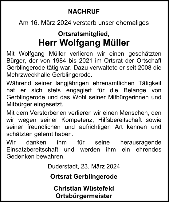 Traueranzeige von Wolfgang Müller von Eichsfelder Tageblatt