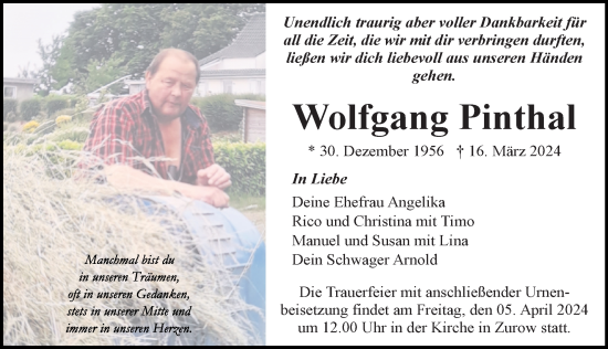 Traueranzeige von Wolfgang Pinthal von Ostsee-Zeitung GmbH