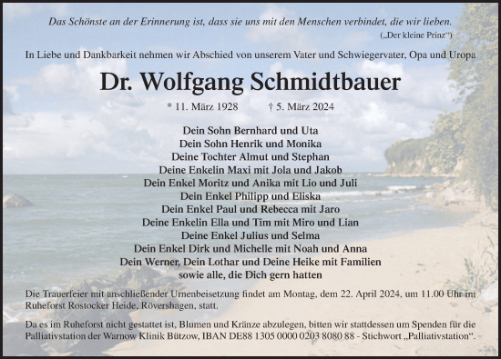 Traueranzeige von Wolfgang Schmidtbauer von Ostsee-Zeitung GmbH