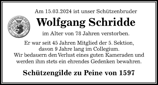 Traueranzeige von Wolfgang Schridde von Peiner Allgemeine Zeitung