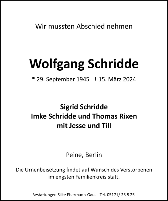 Traueranzeige von Wolfgang Schridde von Peiner Allgemeine Zeitung