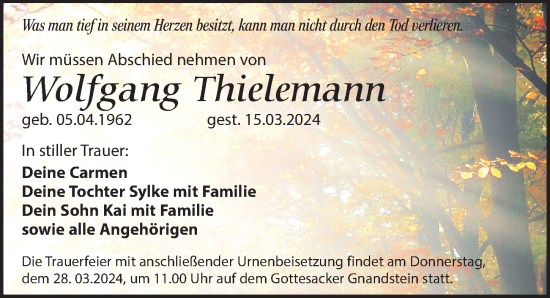 Traueranzeige von Wolfgang Thielemann von Leipziger Volkszeitung