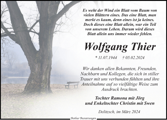 Traueranzeige von Wolfgang Thier von Leipziger Volkszeitung