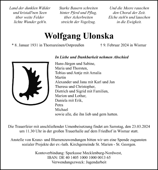Traueranzeige von Wolfgang Ulonska von Ostsee-Zeitung GmbH