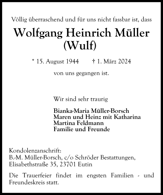 Traueranzeige von Wolfgang Heinrich Müller von Lübecker Nachrichten