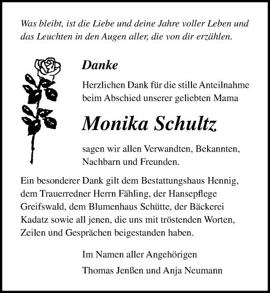 Traueranzeige von Monika Schultz von Ostsee Zeitung GmbH