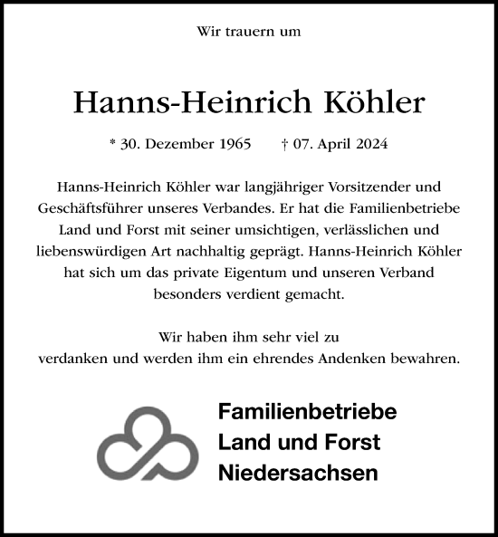 Traueranzeige von Hanns-Heinrich Köhler 