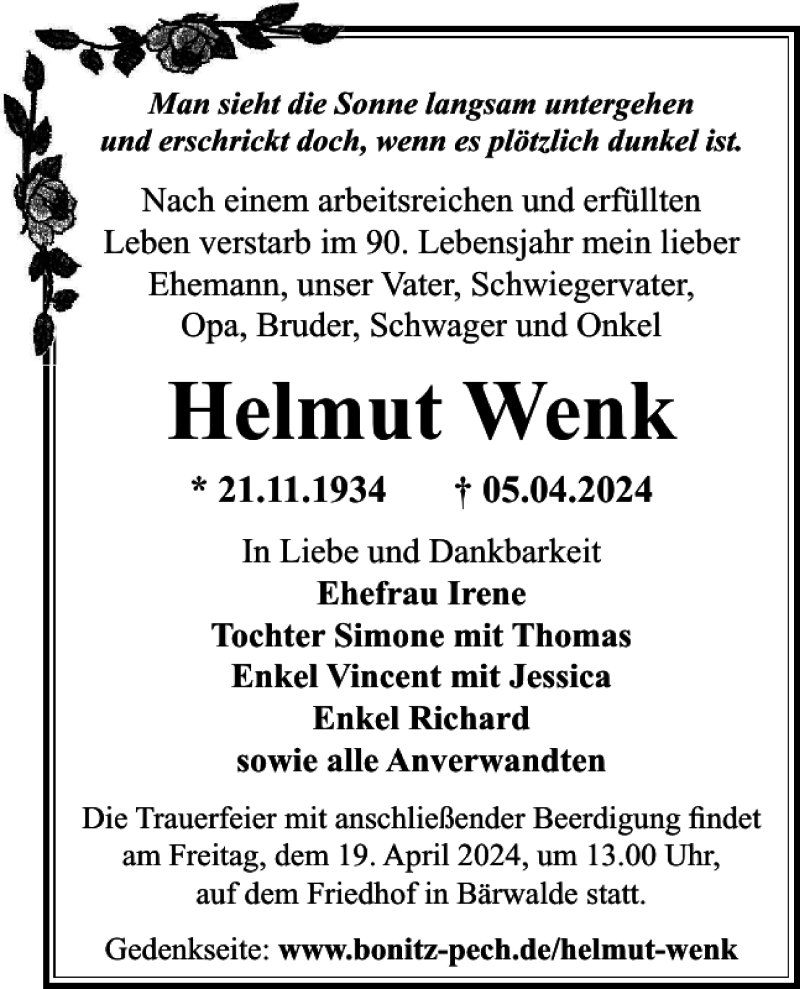  Traueranzeige für Helmut Wenk vom 16.04.2024 aus Sächsische Zeitung