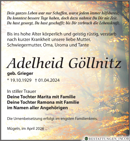 Traueranzeige von Adelheid Göllnitz von Leipziger Volkszeitung