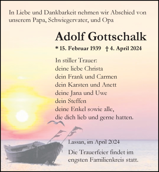 Traueranzeige von Adolf Gottschalk von Ostsee-Zeitung GmbH