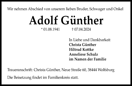Traueranzeige von Adolf Günther von Aller Zeitung