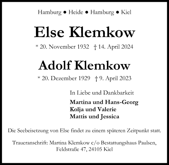 Traueranzeige von Adolf Klemkow von Kieler Nachrichten