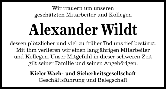 Traueranzeige von Alexander Wildt von Kieler Nachrichten