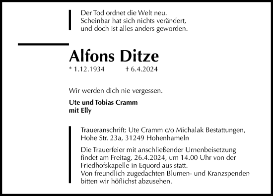 Traueranzeige von Alfons Ditze von Peiner Allgemeine Zeitung