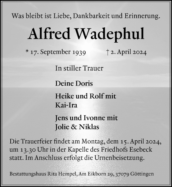 Traueranzeige von Alfred Wadephul von Göttinger Tageblatt