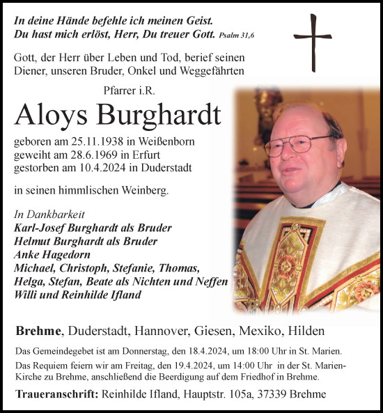 Traueranzeige von Aloys Burghardt von Eichsfelder Tageblatt